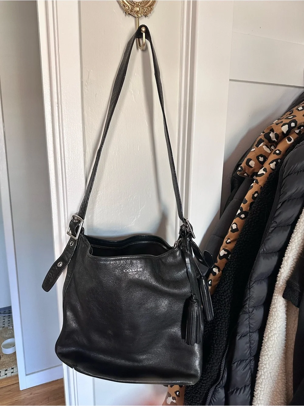 Coach Black Leather Shoulder Bag with Tassels